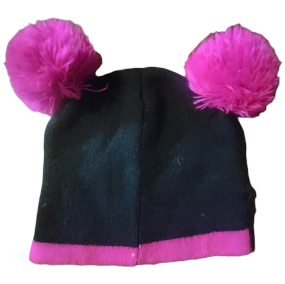 Vtg Disney Minnie Mouse Knit Hat Beanie Girls One Size Pom Poms Pink Black